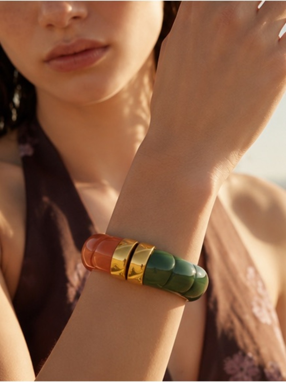 Chunky Green Amber Gold Bangle Bracelet